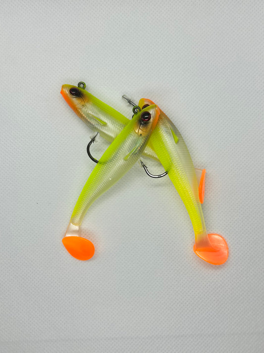 100 Pack 2 Two Tone Orange Ribbed Soft Swim Bait Paddle Tail Lure